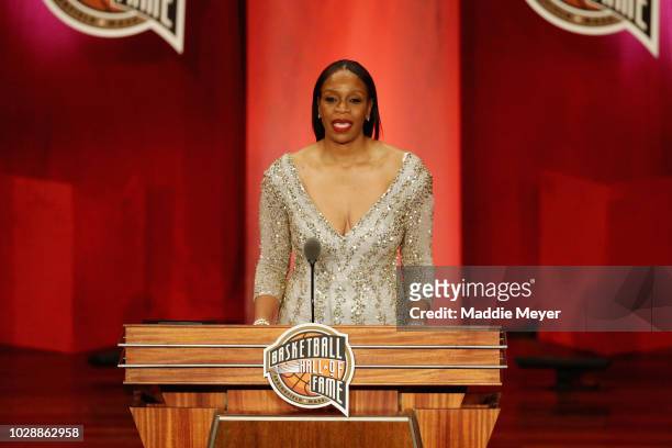 Naismith Memorial Basketball Hall of Fame Class of 2018 enshrinee Tina Thompson speaks during the 2018 Basketball Hall of Fame Enshrinement Ceremony...