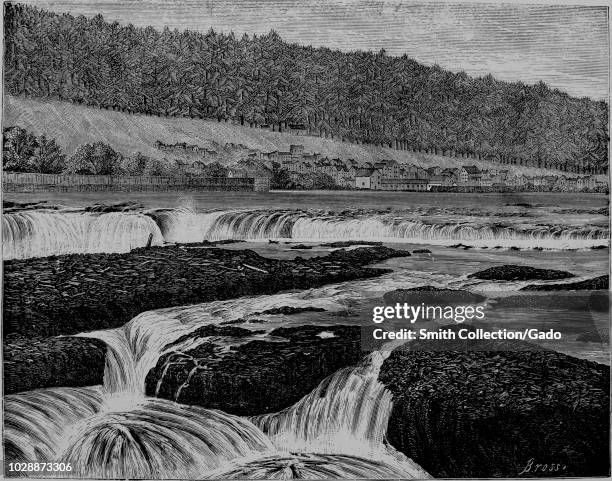 Engraving of a falls of the Willamette River, from the book "Crofutt's new overland tourist and Pacific coast guide", West Linn, Oregon, 1879....