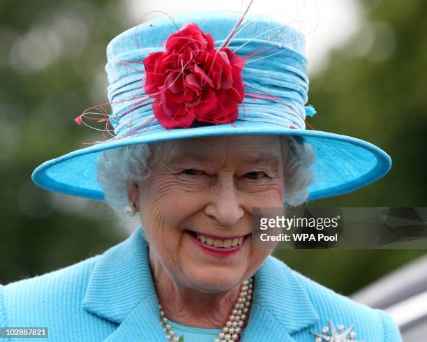 Queen Elizabeth II smiles whilst visiting Wallets Marts, where she observed sheep shearing, on July 14, 2010 in Castle Douglas, Galloway, Scotland....