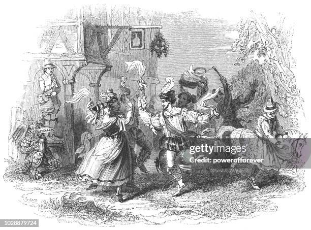 ilustrações de stock, clip art, desenhos animados e ícones de morris dance on whitsun - circa 17th century - século xvii