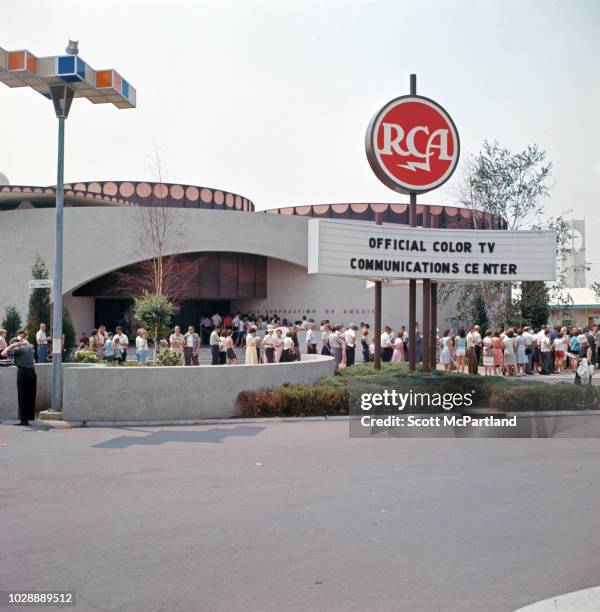 View of the RCA Pavilion at the World's Fair in Flushing Meadows Park in Queens, New York, New York, June 1965. A sign reads 'Official Color TV...