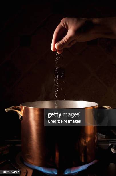 man's hand adding a pinch of salt to pot on stove - adding salt stock pictures, royalty-free photos & images