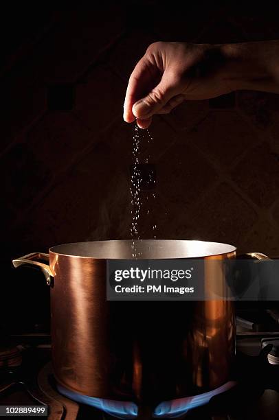 man's hand adding a pinch of salt to pot on stove - adicionar sal - fotografias e filmes do acervo