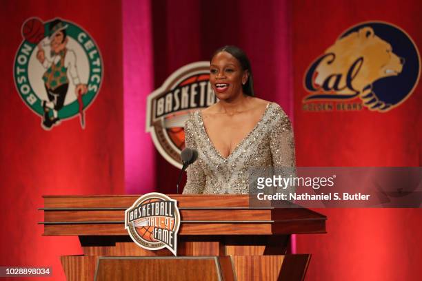 Inductee Tina Thompson speaks to the crowd during the 2018 Basketball Hall of Fame Enshrinement Ceremony on September 7, 2018 at Symphony Hall in...