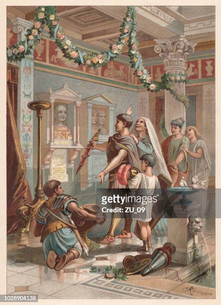honoring the ancestors of the family in the roman empire - cult stock illustrations