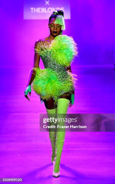 Model walks the runway at the Disney Villains x The Blonds NYFW Show during New York Fashion Week: The Shows at Gallery I at Spring Studios on...