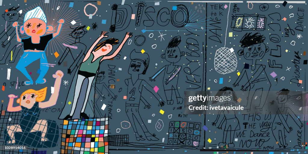 Funky disco dancers in disco lights