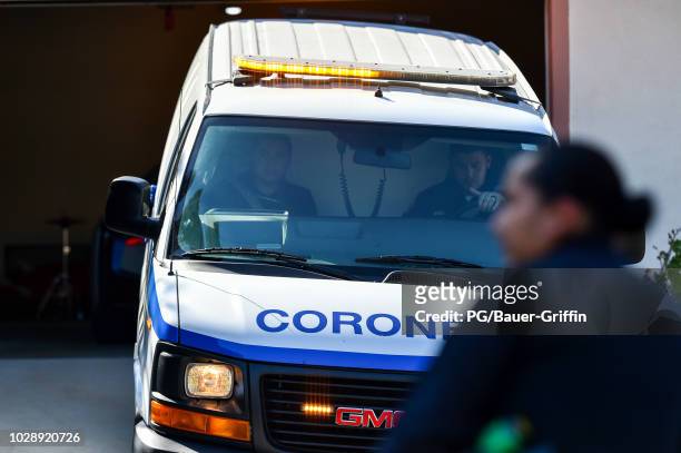 Coroner's van is seen outside the home of rapper Mac Miller on September 7, 2018 in Los Angeles, California. Miller died today of a suspected drug...