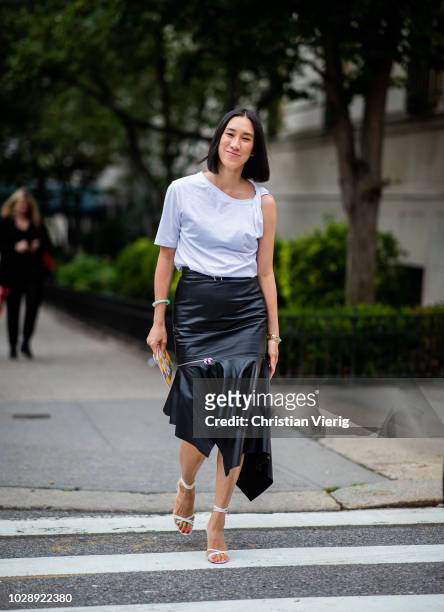 Eva Chen wearing black leather skirt is seen outside Tory Burch during New York Fashion Week Spring/Summer 2019 on September 7, 2018 in New York City.