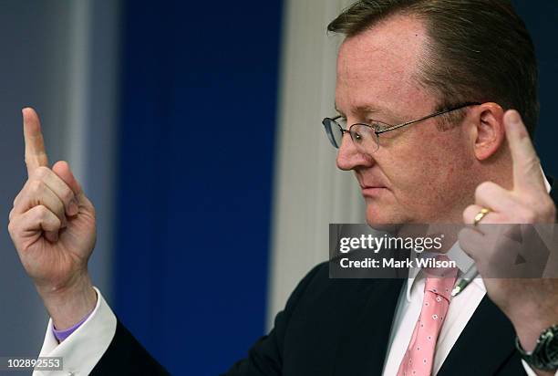 White House Press Secretary Robert Gibbs speaks during his daily press briefing at the White House on July 14, 2010 in Washington, DC. Mr. Gibbs...