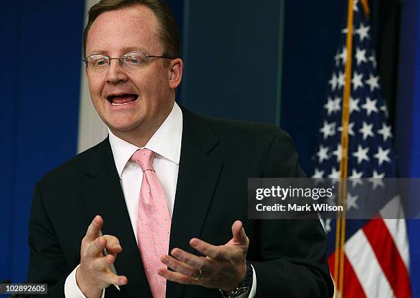 White House Press Secretary Robert Gibbs speaks during his daily press briefing at the White House on July 14, 2010 in Washington, DC. Mr. Gibbs...