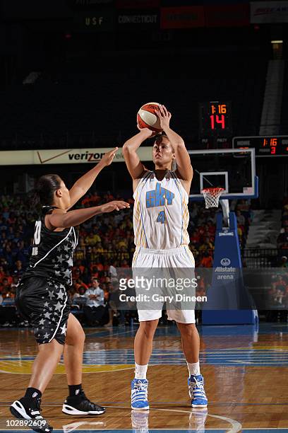 Christi Thomas of the Chicago Sky puts up a shot over Helen Darling of the San Antonio Silver Stars during the WNBA game on July 14, 2010 at the...