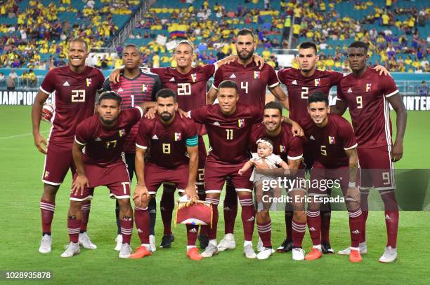 The Venezuelan National team poses before the start of the friendly match against Colombia at Hard Rock Stadium on September 7, 2018 in Miami,...