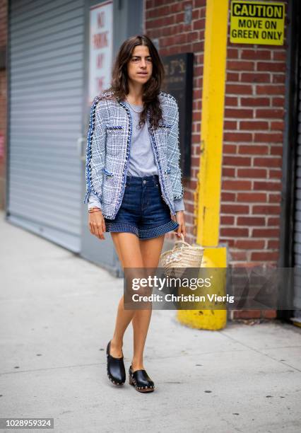 Leandra Medine wearing denim shorts is seen outside Monse during New York Fashion Week Spring/Summer 2019 on September 7, 2018 in New York City.