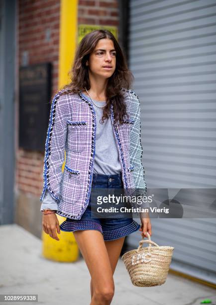 Leandra Medine wearing denim shorts is seen outside Monse during New York Fashion Week Spring/Summer 2019 on September 7, 2018 in New York City.
