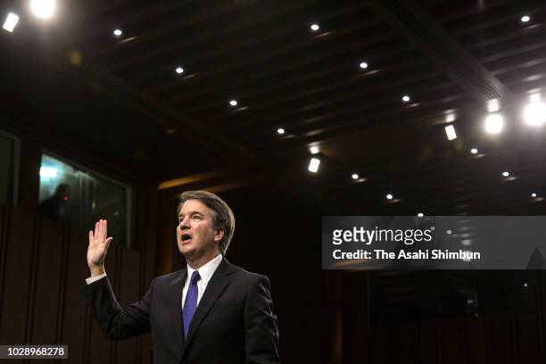 JSupreme Court nominee Judge Brett Kavanaugh is sworn in before the Senate Judiciary Committee during his Supreme Court confirmation hearing in the...