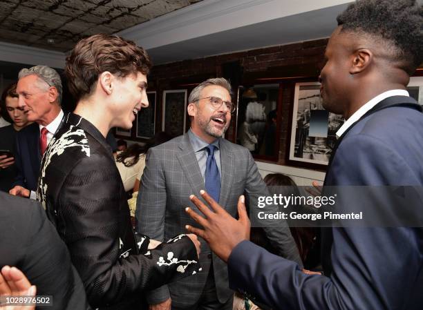 Timothee Chalamet, Steve CarellÊand Stephane Bak attend the "Beautiful Boy" afterparty hosted by Amazon Studios & Hugo Boss during 2018 Toronto...