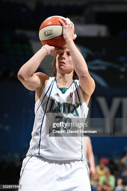 Nuria Martinez of the Minnesota Lynx shoots a free throw against the San Antonio Silver Stars during the game on July 8, 2010 at the Target Center in...