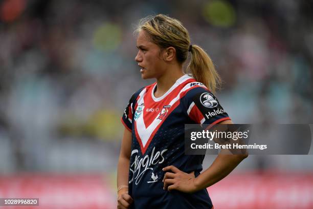 Nita Maynard of the Roosters looks on during the round one Women's NRL match between the Sydney Roosters and the New Zealand Warriors at ANZ Stadium...