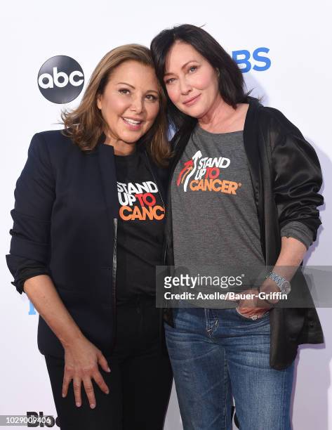 Deborah Waknin-Harwin and Shannen Doherty attend the sixth biennial Stand Up To Cancer telecast at the Barker Hangar on Friday, September 7, 2018 in...