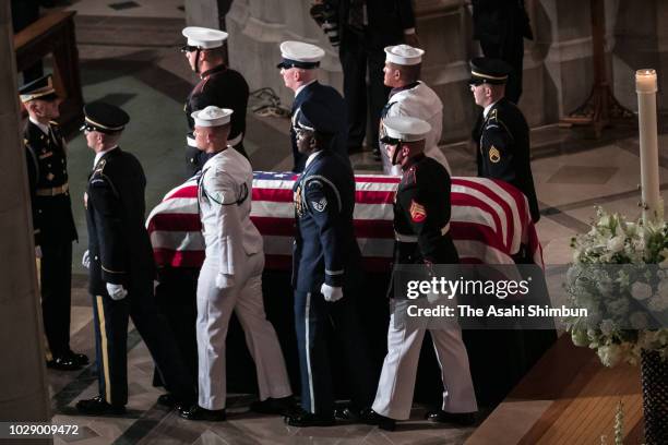 Church service during the funeral for U.S. Sen. John McCain at the National Cathedral on September 1, 2018 in Washington, DC. The late senator died...