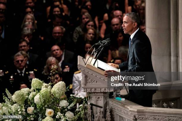 Former U.S. President Barack Obama delivers a eulogy during the funeral for U.S. Sen. John McCain at the National Cathedral on September 1, 2018 in...