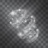 Vector swirling cloud shape storm funnel of shining stardust sparkles on transparent background. Turbid mist blurred effect. Glittering blizzard, glowing hazy magical storm illumination.