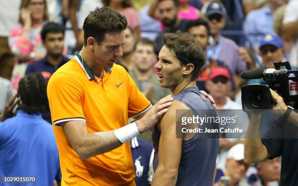 Rafael Nadal of Spain defaults after losing the first 2 sets against Juan Martin Del Potro of Argentina during their semifinal on day 12 of the 2018...