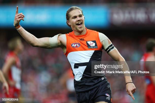 Harrison Himmelberg of the Giants celebrates kicking a goal during the AFL Second Elimination Final match between the Sydney Swans and the GWS Giants...