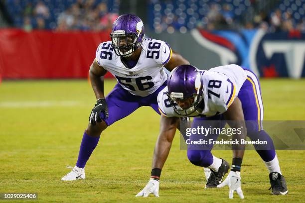 Antwione Williams of the Minnesota Vikings plays against the Tennessee Titans during a preseason game at Nissan Stadium on August 30, 2018 in...