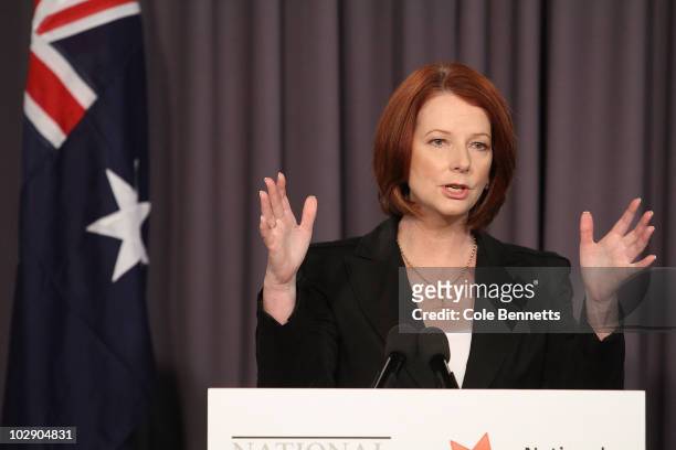 Australian Prime Minister Julia Gillard speaks during an address at the National Press Club on July 15, 2010 in Canberra, Australia. Speaking at the...