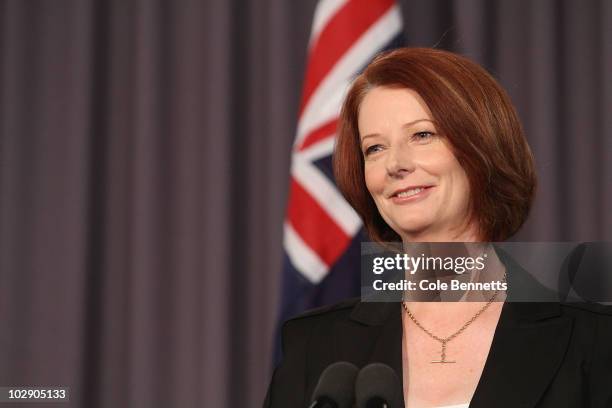 Australian Prime Minister Julia Gillard smiles during an address at the National Press Club on July 15, 2010 in Canberra, Australia. Speaking at the...