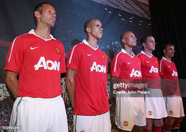 Ryan Giggs, Gabriel Obertan, Wes Brown, John O'Shea and Dimitar Berbatov of Manchester United attend the launch of the new Manchester United home...