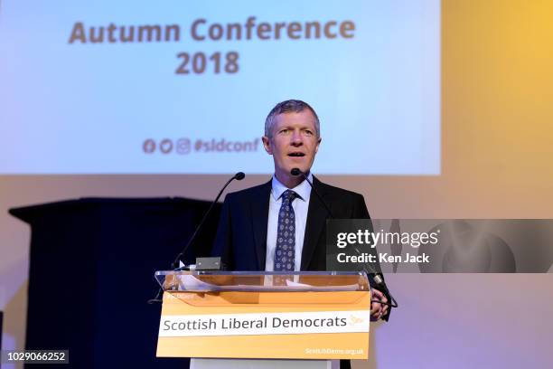 Scottish Liberal Democrat leader Willie Rennie speaking at the party's 2018 autumn conference on September 8, 2018 in Edinburgh, Scotland.