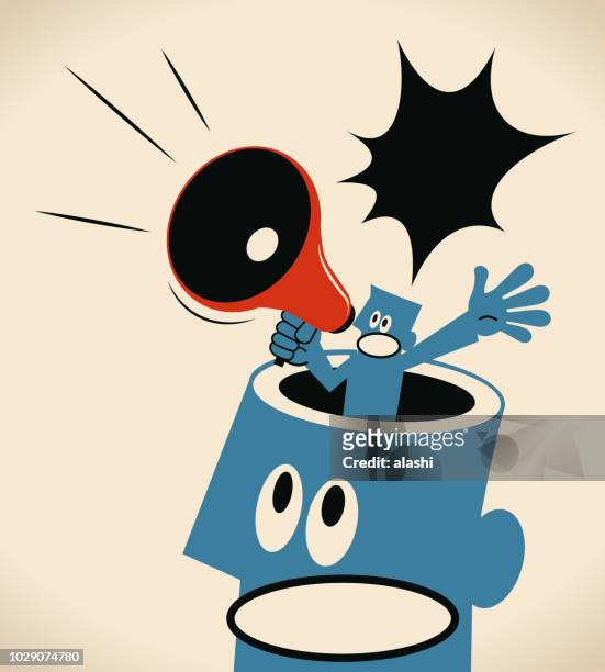 small businessman shouting with megaphone and standing inside of the giant man's opened head (inner self) - smaller organ stock illustrations