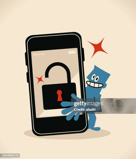 blue hacker hacking a smart phone - open banking stock illustrations