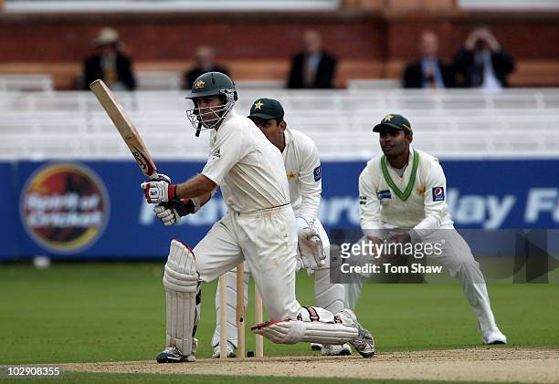 Simon Katich of Australia hits out during day three of the First Test match between Pakistan and Australia at Lords on July 15, 2010 in London,...