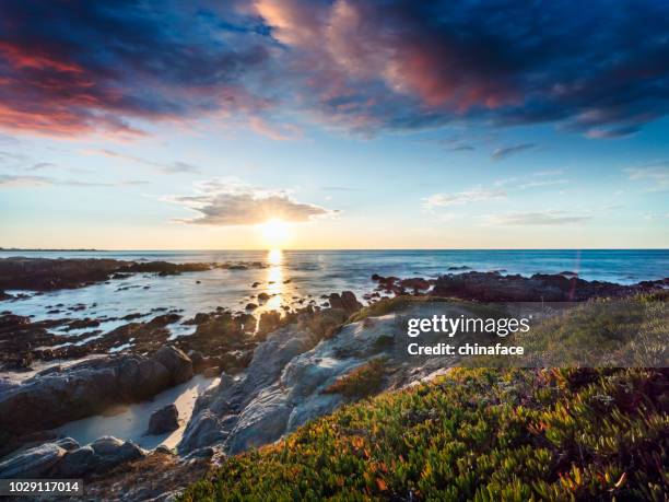 sonnenuntergang über dem pazifischen ozean und carmel beach, kalifornien - monterey peninsula stock-fotos und bilder