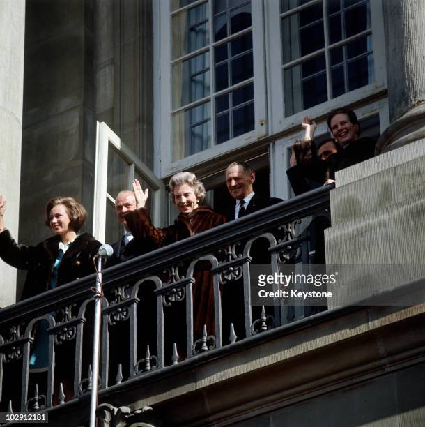 King Frederick IX of Denmark with other members of the Danish Royal Family on the balcony of Amalienborg Palace, in Copenhagen, Denmark, 1968. King...