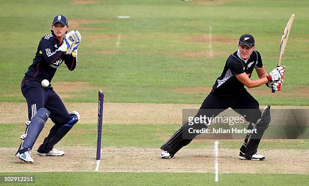 Sarah Taylor of England looks on as Liz Perry scores runs during the 3rd Women's NatWest One Day International match between England and New Zealand...