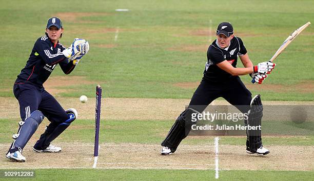 Sarah Taylor of England looks on as Liz Perry scores runs during the 3rd Women's NatWest One Day International match between England and New Zealand...