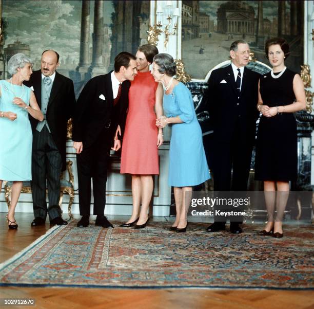 King Frederick IX of Denmark with his wife, Queen Ingrid of Denmark , their daughters, Princess Benedikte and Princess Margrethe, with Count Henri de...