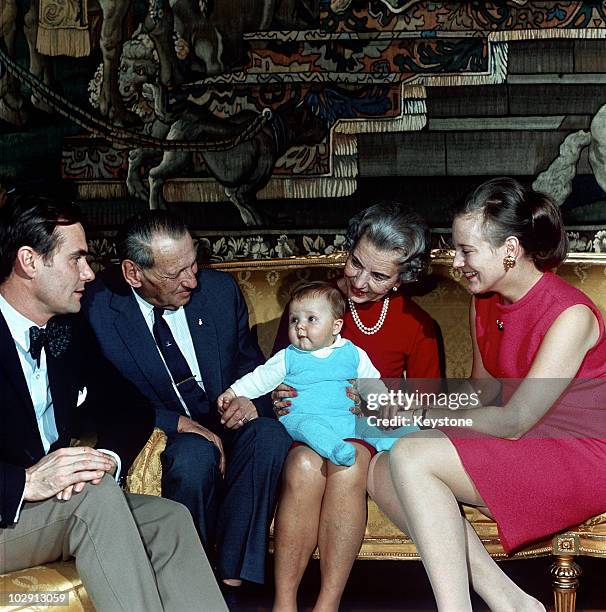 King Frederick IX of Denmark with his wife, Queen Ingrid of Denmark , their daughter, Crown Princess Margrethe, and her husband Prince Henrik and...