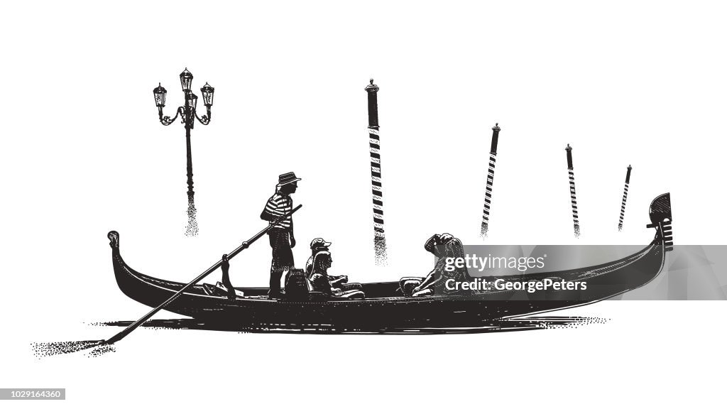 Venice gondola and mooring poles in the mist