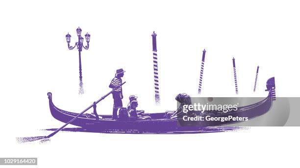 venice gondola and mooring poles in the mist - gondolier stock illustrations
