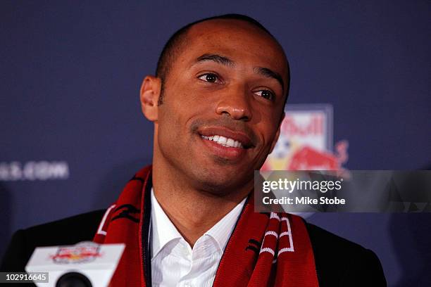 Thierry Henry speaks to the media during a press conference on July 15, 2010 at Red Bull Arena in Harrison, New Jersey.