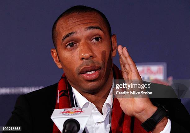 Thierry Henry speaks to the media during a press conference on July 15, 2010 at Red Bull Arena in Harrison, New Jersey.