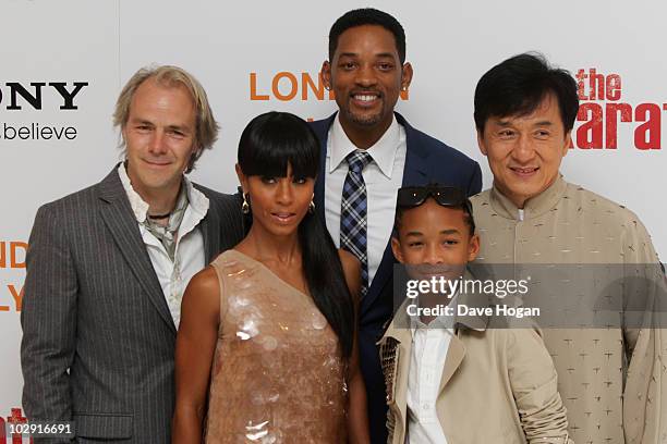 Harald Zwart, Jada Pinkett Smith, Will Smith, Jaden Smith and Jackie Chan attends the UK gala premiere of The Karate Kid held at The Odeon Leicester...