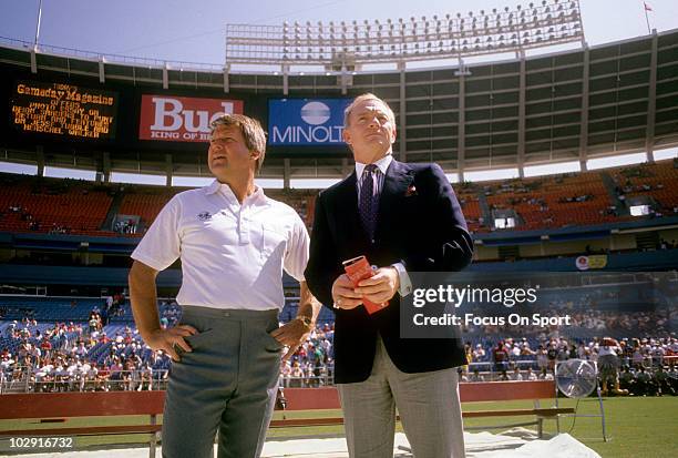 Dallas Cowboys Owner Jerry Jones and Head Coach Jimmy Johnson in this portrait on the field circa 1990 before an NFL football game. Jones has owned...