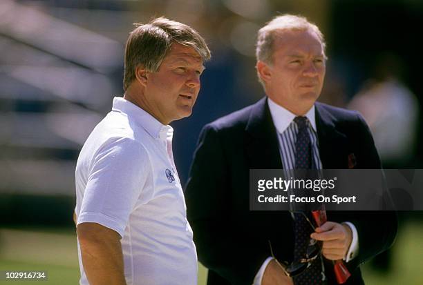 Dallas Cowboys Owner Jerry Jones and Head Coach Jimmy Johnson in this portrait on the field circa 1990 before an NFL football game. Jones has owned...